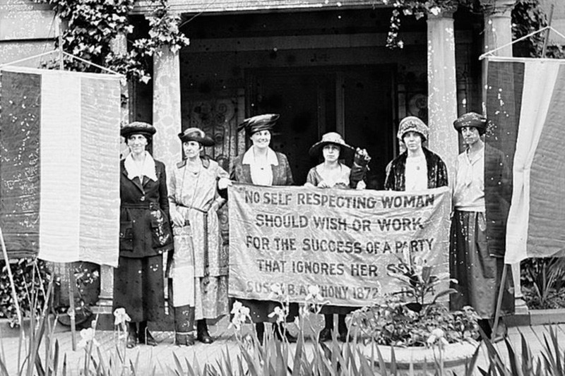 In this photo from June 2, 1920, Alice Paul (second from right) and officers of the National Woman’s Party stand in front of the Washington headquarters before leaving for the Chicago Convention to take charge of the suffrage attack on the convention of the Republican Party. Library of Congress
