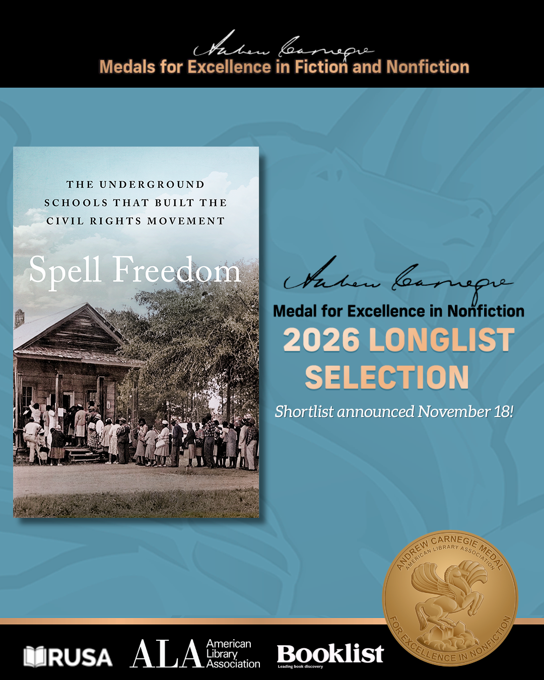 Spell Freedom – Carnegie Medal for Excellence in Nonfiction Books 2026 Longlist Selection awarded by the American Library Association feature image.